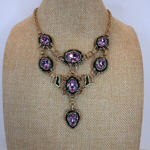 Crown Trifari Vintage Gold Necklace with Purple and Green Accents